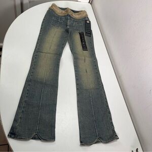 Vtg Y2K YOYO Denim Jeans Junior 3 11” Runs Small Faux Fur Trim Slit Bootcut NWT